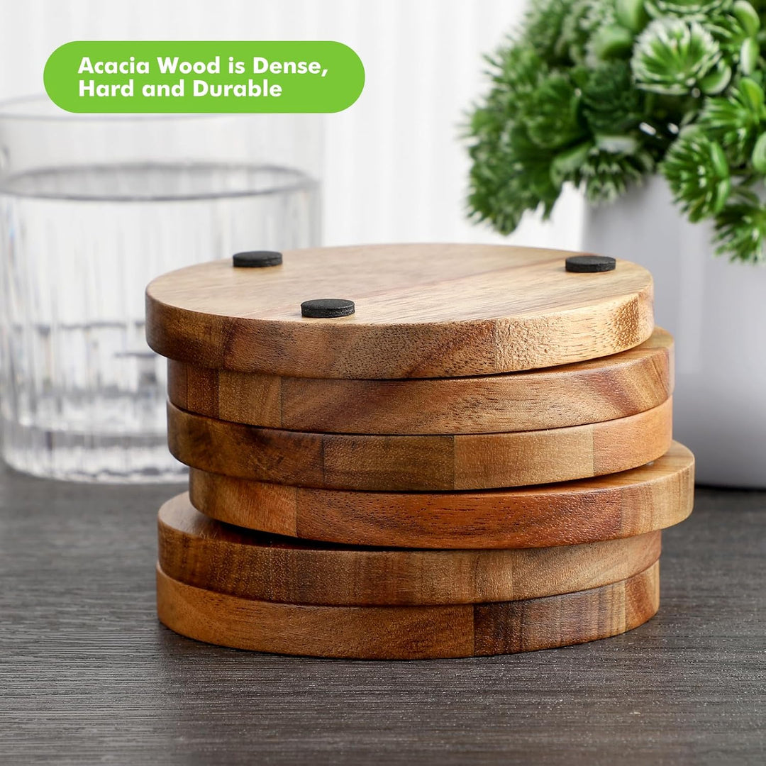 Untersetzer Holz Rund für Gläser 6er Set, Untersetzer aus Akazienholz mit Halter, Glasuntersetzer fü