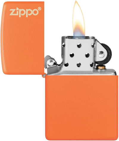 ZIPPO –– Zippo Logo und Flammenmotiv – Orange Matte – Laser Engrave – Sturmfeuerzeug, nachfüllbar, i