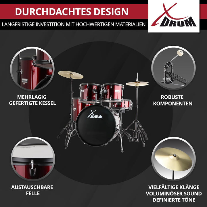 XDrum Rookie 22" Fusion Schlagzeug Komplettset Ruby Red - Ideal für Einsteiger - Stylische Hardware