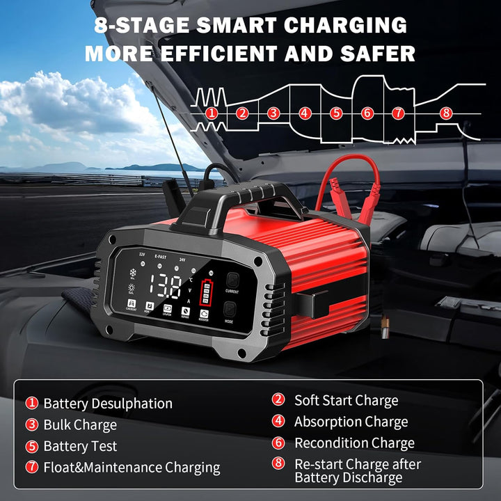 25A Auto-Batterieladegerät, mit Temperaturkompensation für Auto-, LKW-, Motorrad-, Rasenmäher-, Boot