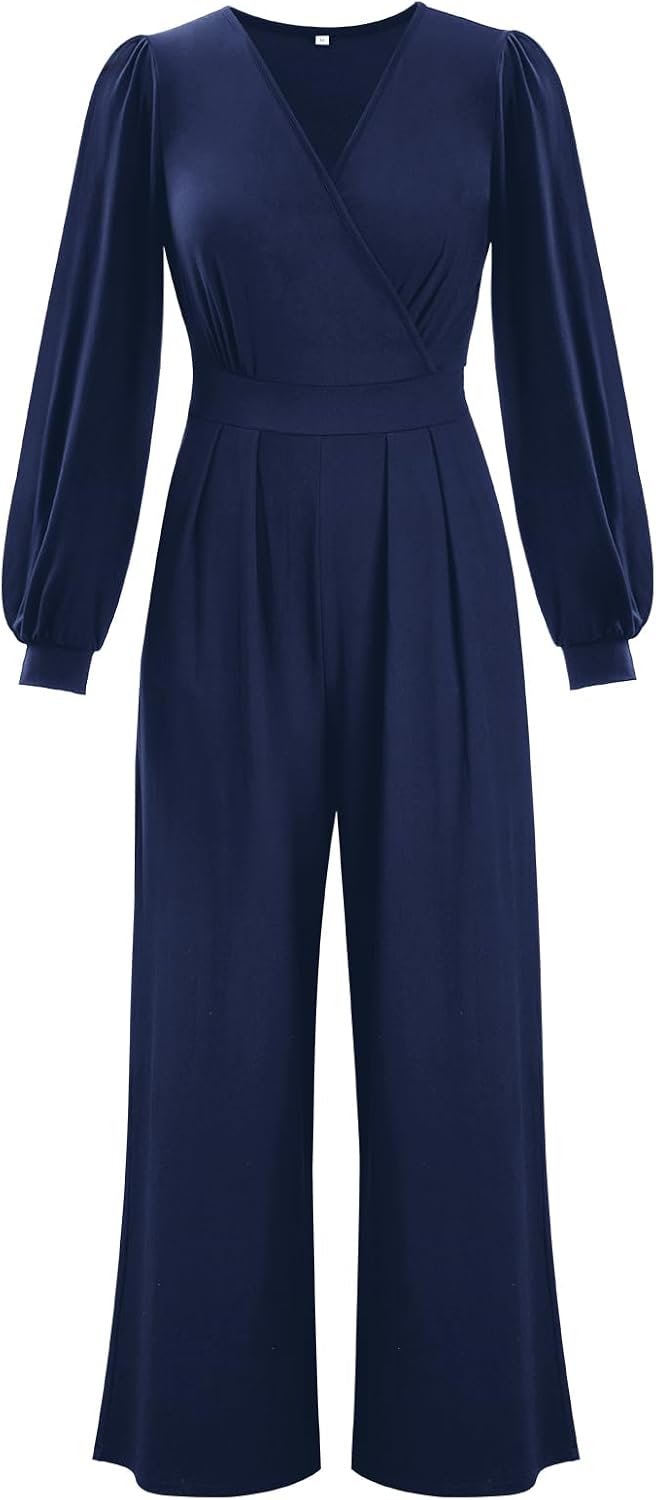 Tanmolo Damen Lang Jumpsuit Langarm V-Ausschnitt Overall Elegant Hosenanzug Weites Bein Romper Mit T