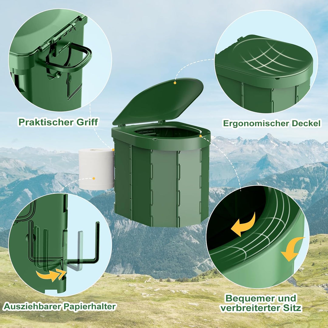 WADEO Tragbare Campingtoilette mit Deckel, 30 cm hohe Mobile Toilette mit 12 Stück Toilettenbeutel,
