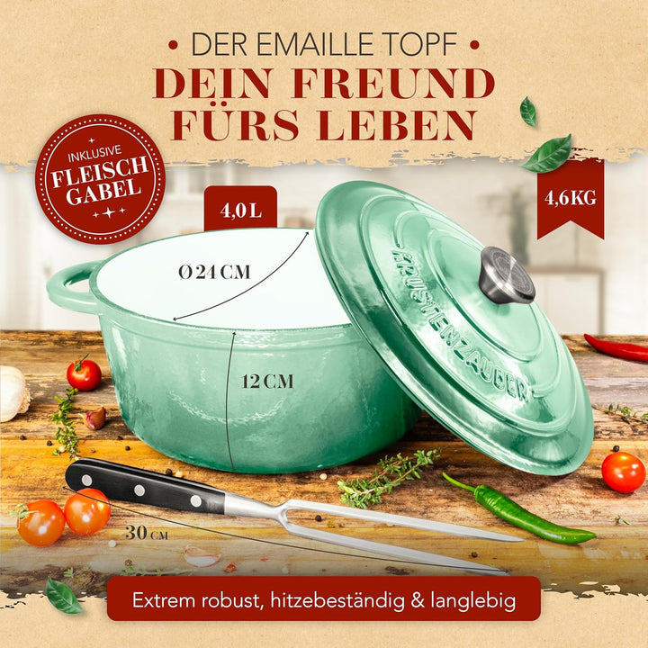 KRUSTENZAUBER Gusseisen Topf [inkl. Fleischgabel] - Hochwertiger 24cm Schmortopf backofengeeignet -