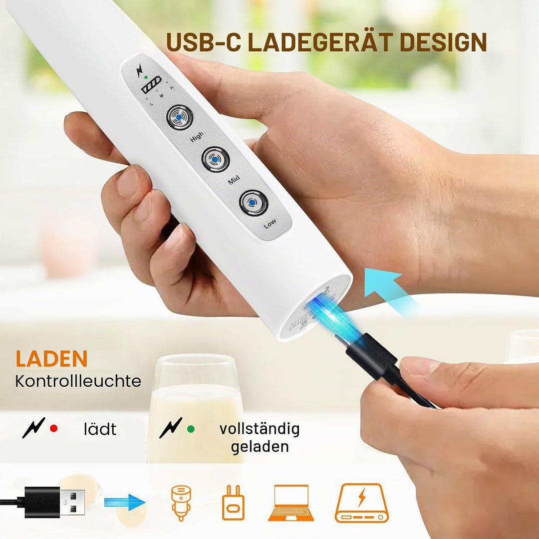 YUSWKO Milchaufschäumer Stab für Kaffee, Usb Wiederaufladbarer Aufschäumer, 3 Schneebesen-Köpfe 3 Ge