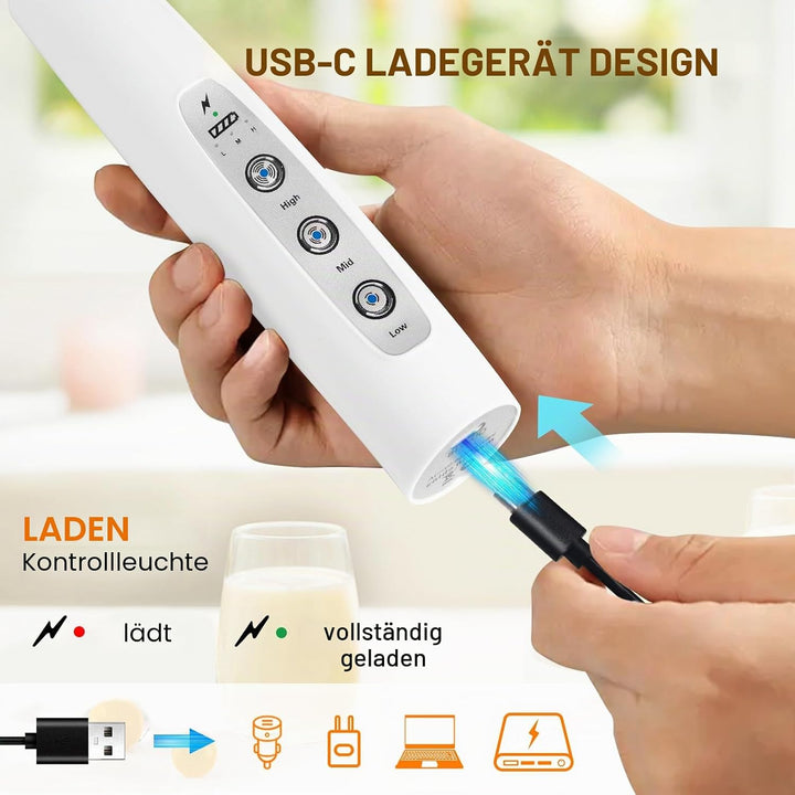 YUSWKO Milchaufschäumer Stab für Kaffee, Usb Wiederaufladbarer Aufschäumer, 3 Schneebesen-Köpfe 3 Ge
