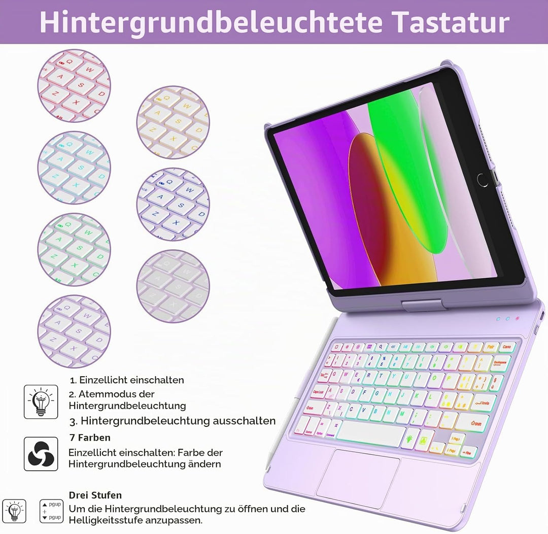 MMK Tastatur Hülle für iPad 10.2 Zoll(9/8/7 Generation), 7 Farben Beleuchtung &amp; Multi Touch Trackpad