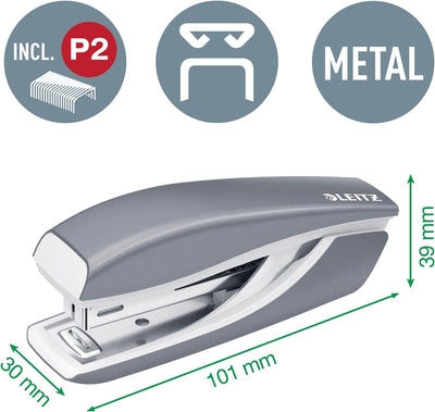 Leitz 55996062 Mini-Heftgerät-und Locher-Set (für bis zu 10 Blatt, Inkl. Heftklammern, WOW) metallic