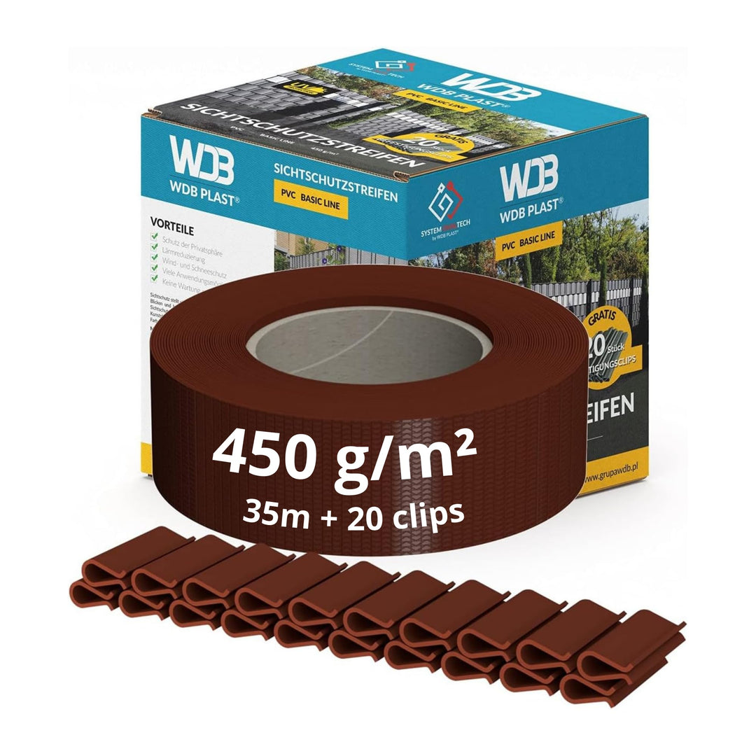 WDB - Sichtschutzstreifen für Doppelstabmatten Sichtschutz Zaun - 4,75 cm x 35 m + 20 Stück Befestig