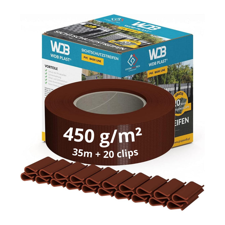 WDB - Sichtschutzstreifen für Doppelstabmatten Sichtschutz Zaun - 4,75 cm x 35 m + 20 Stück Befestig