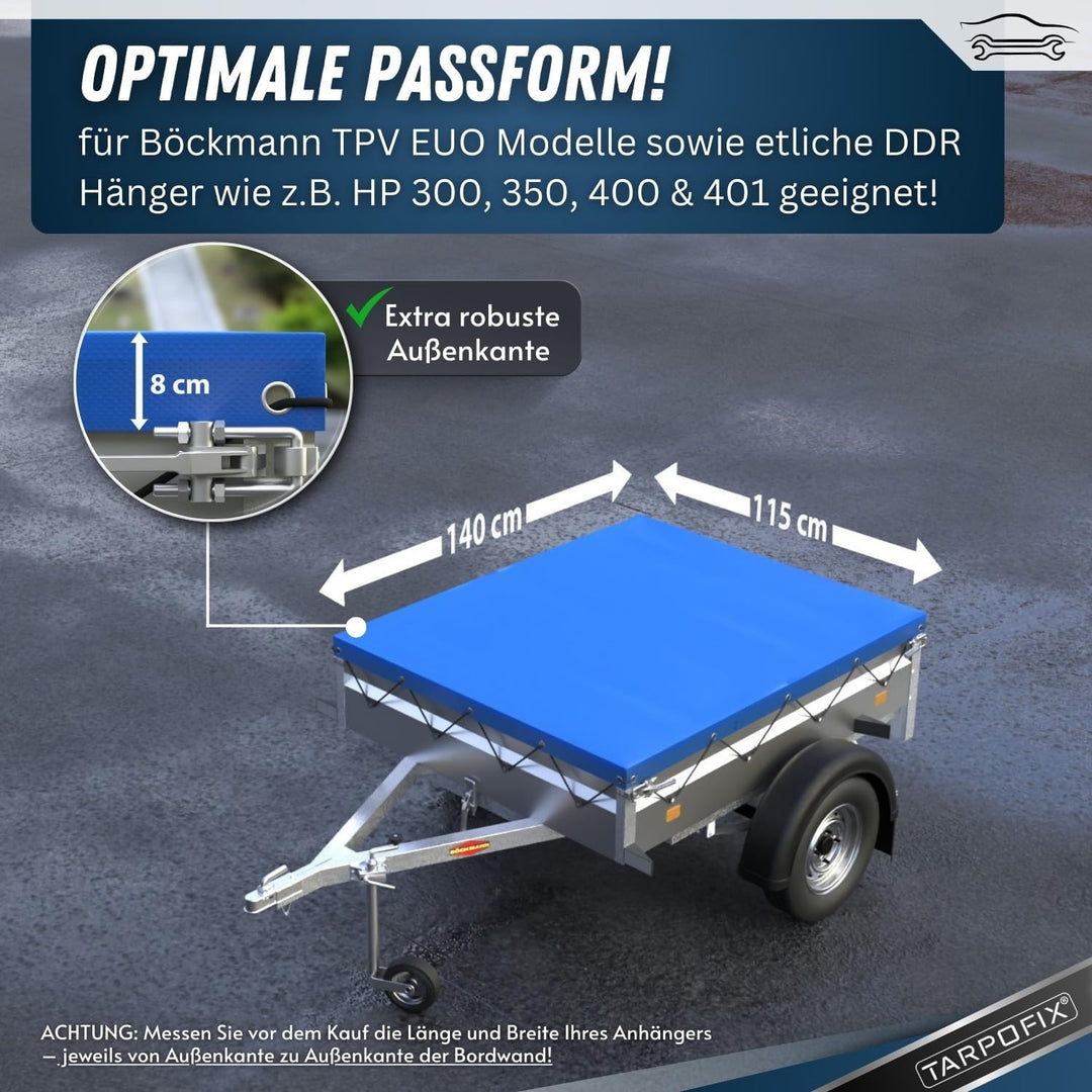 Tarpofix® Anhängerplane Flachplane 140 x 115 x 8 cm - inkl. Planengummi - randverstärktes Anhänger P