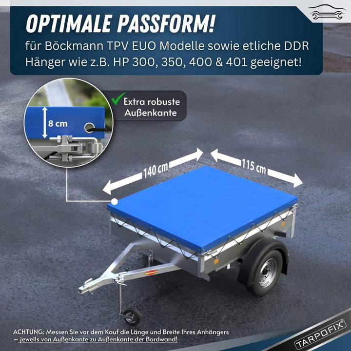 Tarpofix® Anhängerplane Flachplane 140 x 115 x 8 cm - inkl. Planengummi - randverstärktes Anhänger P
