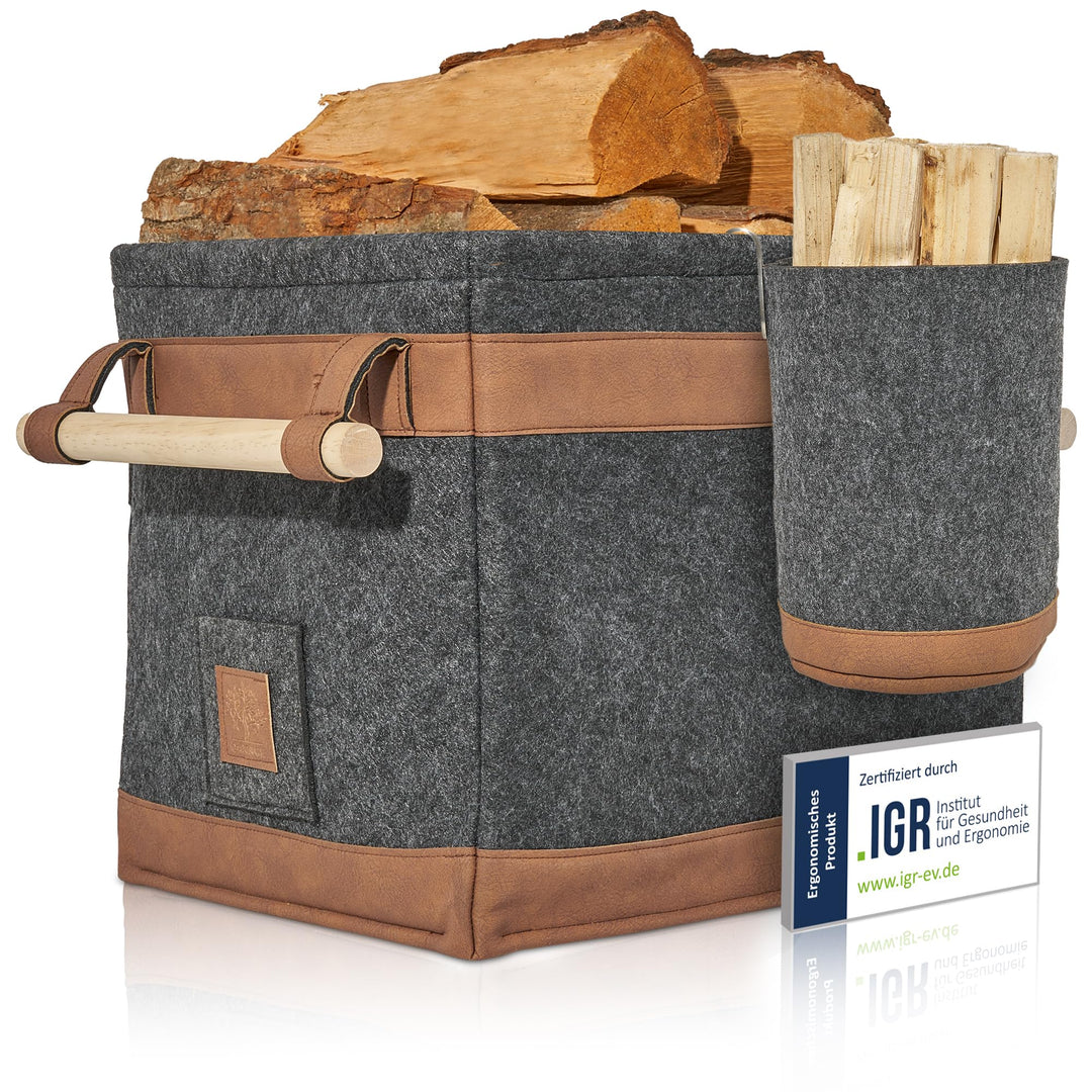 OAKAGE® Holzkorb für Kaminholz Gross mit Zündholzkorb [Schmutzabweisendes Innenfutter und Lederboden
