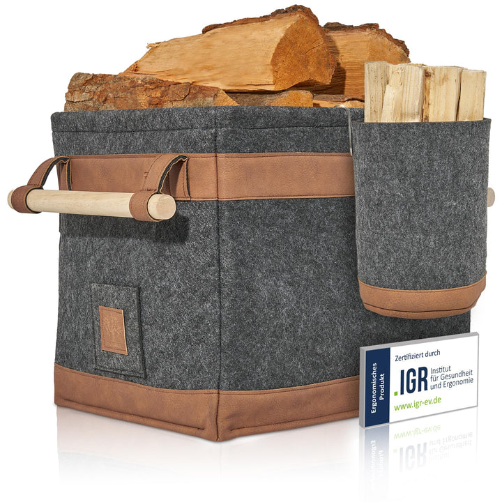 OAKAGE® Holzkorb für Kaminholz Gross mit Zündholzkorb [Schmutzabweisendes Innenfutter und Lederboden