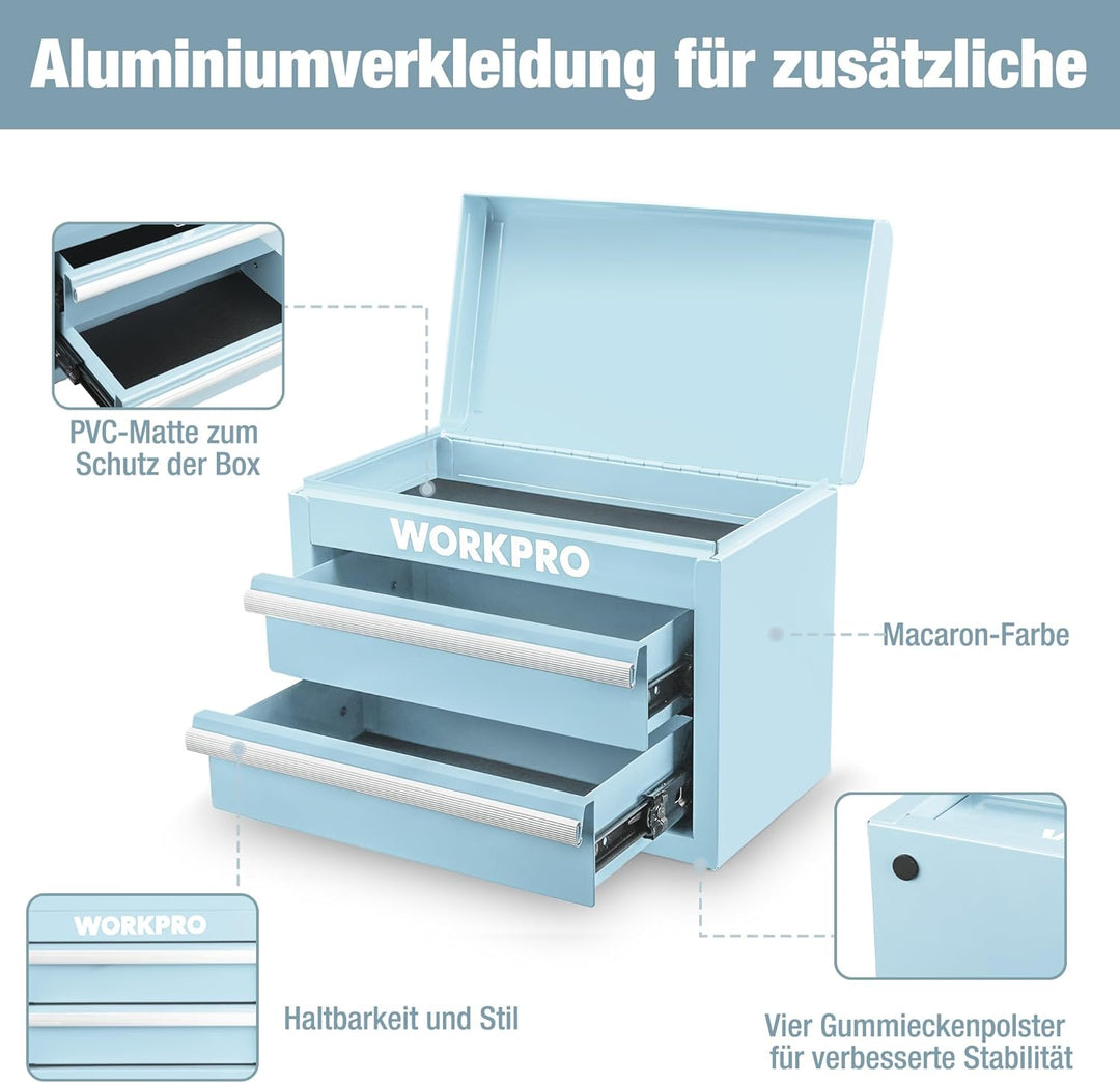 WORKPRO Metall Schubladenbox mit 2 Schubladen & Oberer Stauraum Hellblau, 27,5x15x20,8cm Tisch Organ