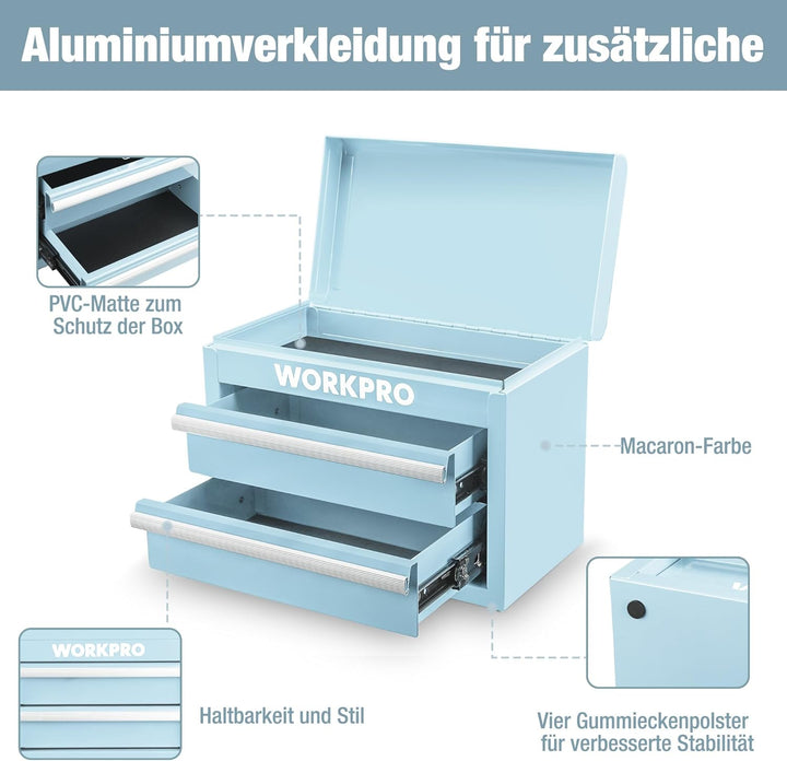 WORKPRO Metall Schubladenbox mit 2 Schubladen & Oberer Stauraum Hellblau, 27,5x15x20,8cm Tisch Organ