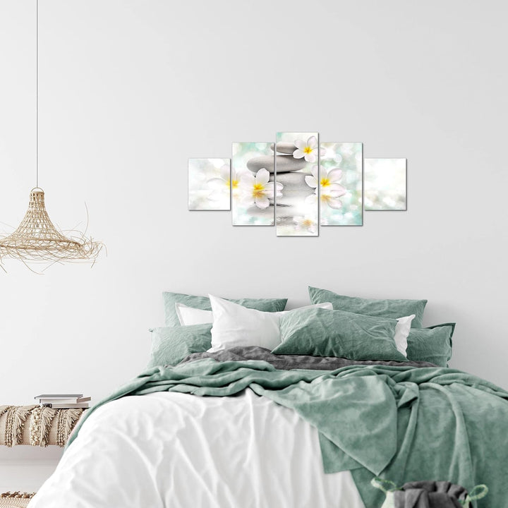 Runa Art Wandbilder Blumen Feng Shui 5 Teilig Bild auf Vlies Leinwand Deko Wohnzimmer Zen Weiss Blau