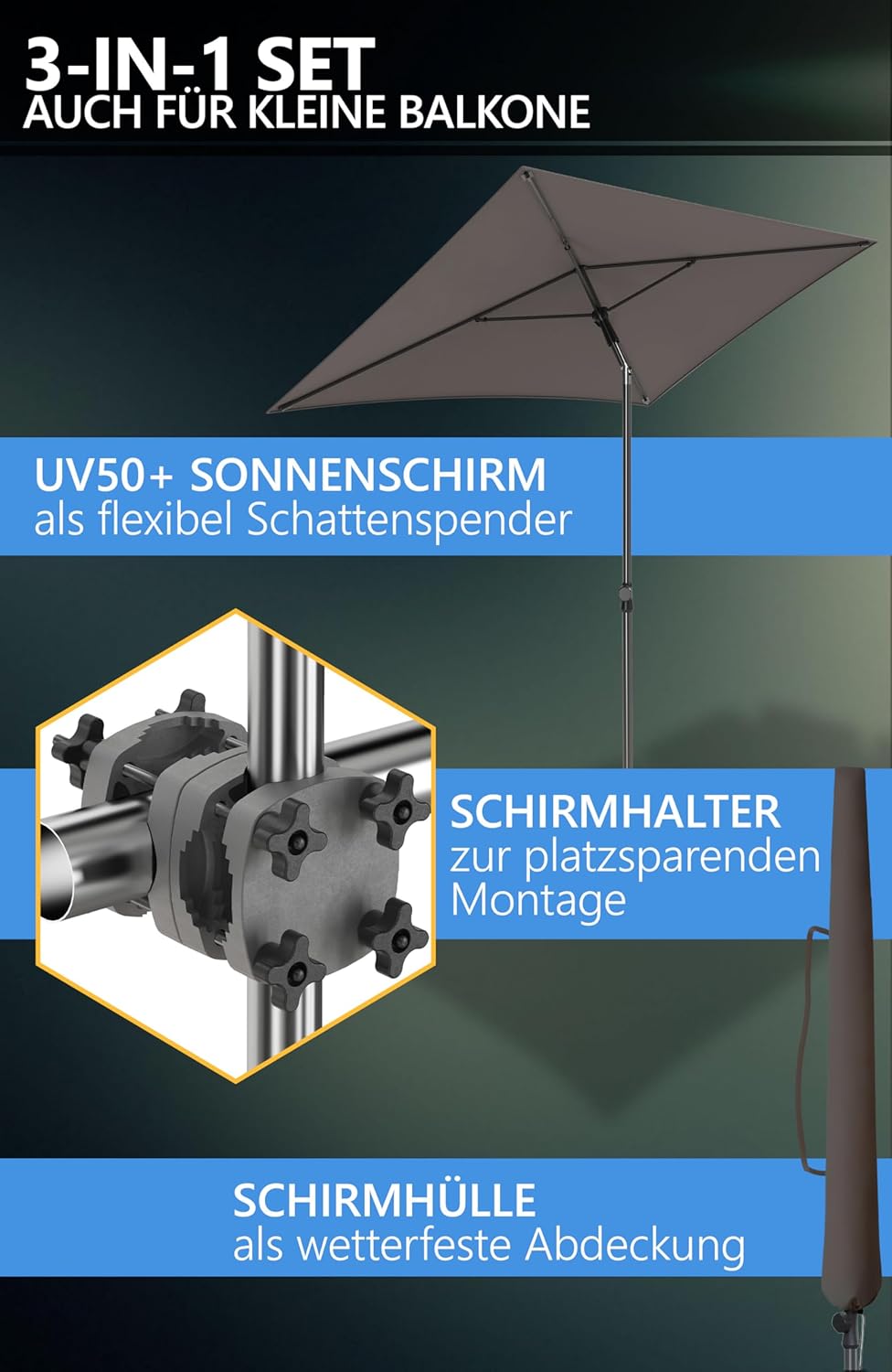 4smile Sonnenschirm Balkon SunnyShade, Sonnnenschutz Balkon SET 3-in-1, Taupe - UV50+ SunnyGuy Sonne