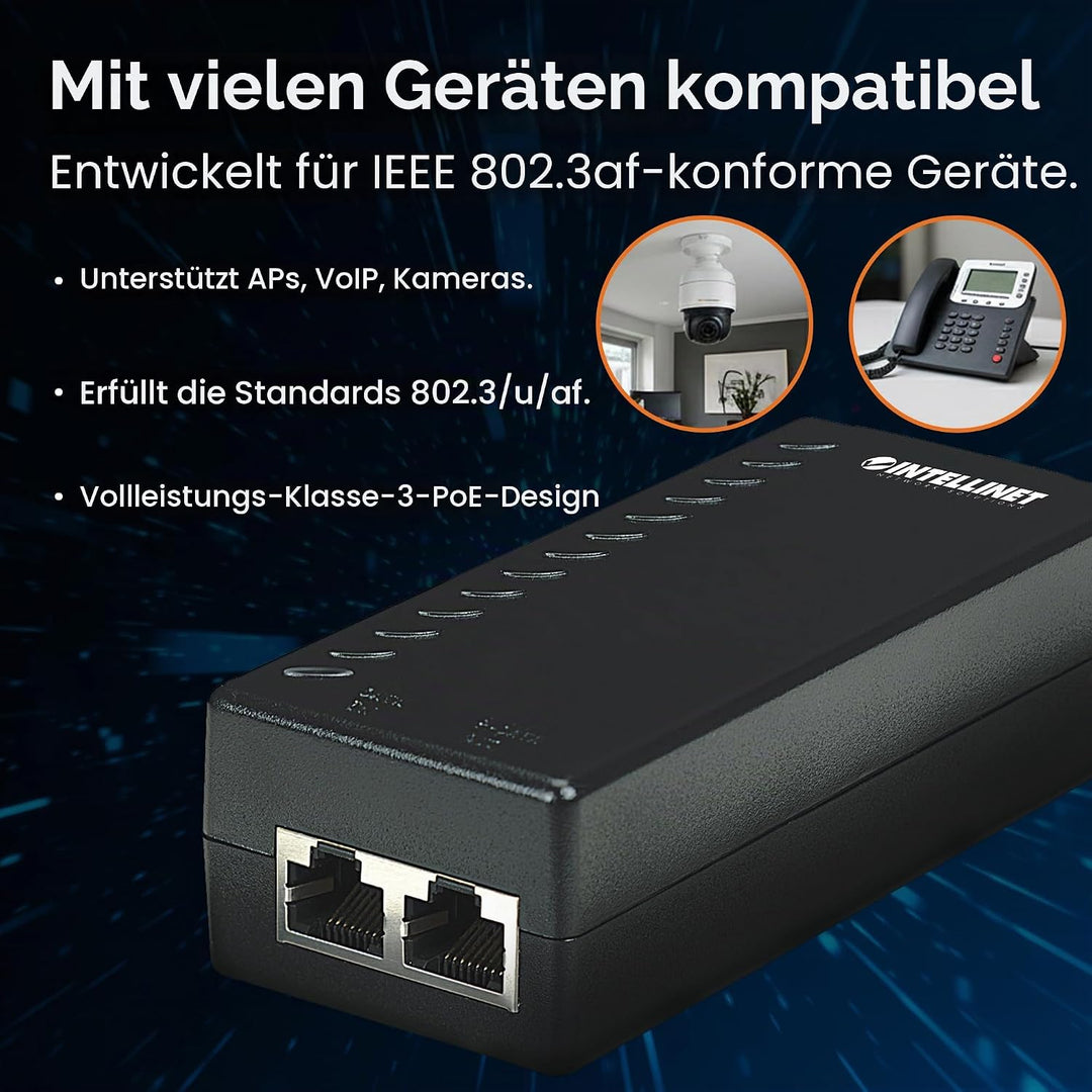 INTELLINET 524179 Power over Ethernet Injektor - PoE-Injektor 1 Port, 48V DC,,Netzwerkswitch, PoE Ad