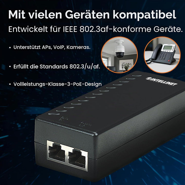 INTELLINET 524179 Power over Ethernet Injektor - PoE-Injektor 1 Port, 48V DC,,Netzwerkswitch, PoE Ad