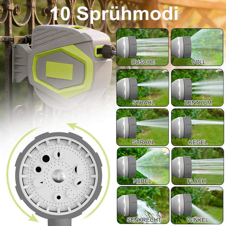 ACXIN Schlauchtrommel Wasser 30 m, Gartenschlauch Trommel mit 10‑Funktions Sprühdüse, Automatischer