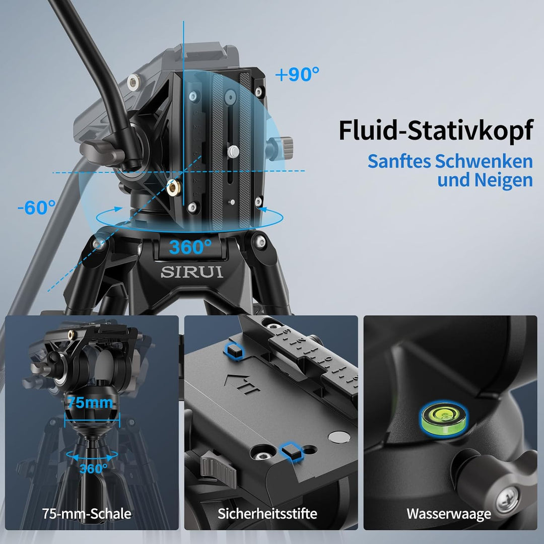 SIRUI AVT-11 Fluidkopf Video Stativ, Tripod 180cm mit Schnellverschlussplatte für Manfrotto, Robuste