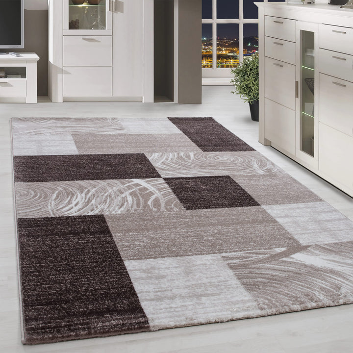 Teppich Wohnzimmer 80x150 cm Läufer Flur Braun Kurzflor Kariert Design - Teppich Schlafzimmer, Esszi