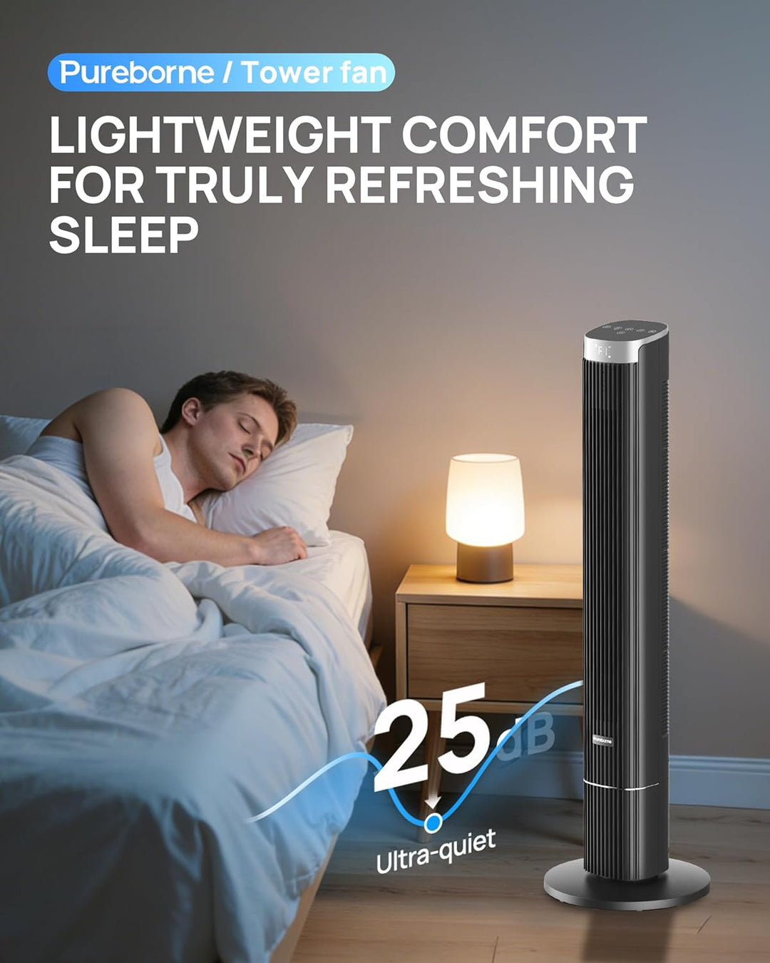 Leiser Ventilator, 25dB Smart Turmventilator, 90° Oszillation Tower Fan, 4 Stufen, 12H Timer Turmven