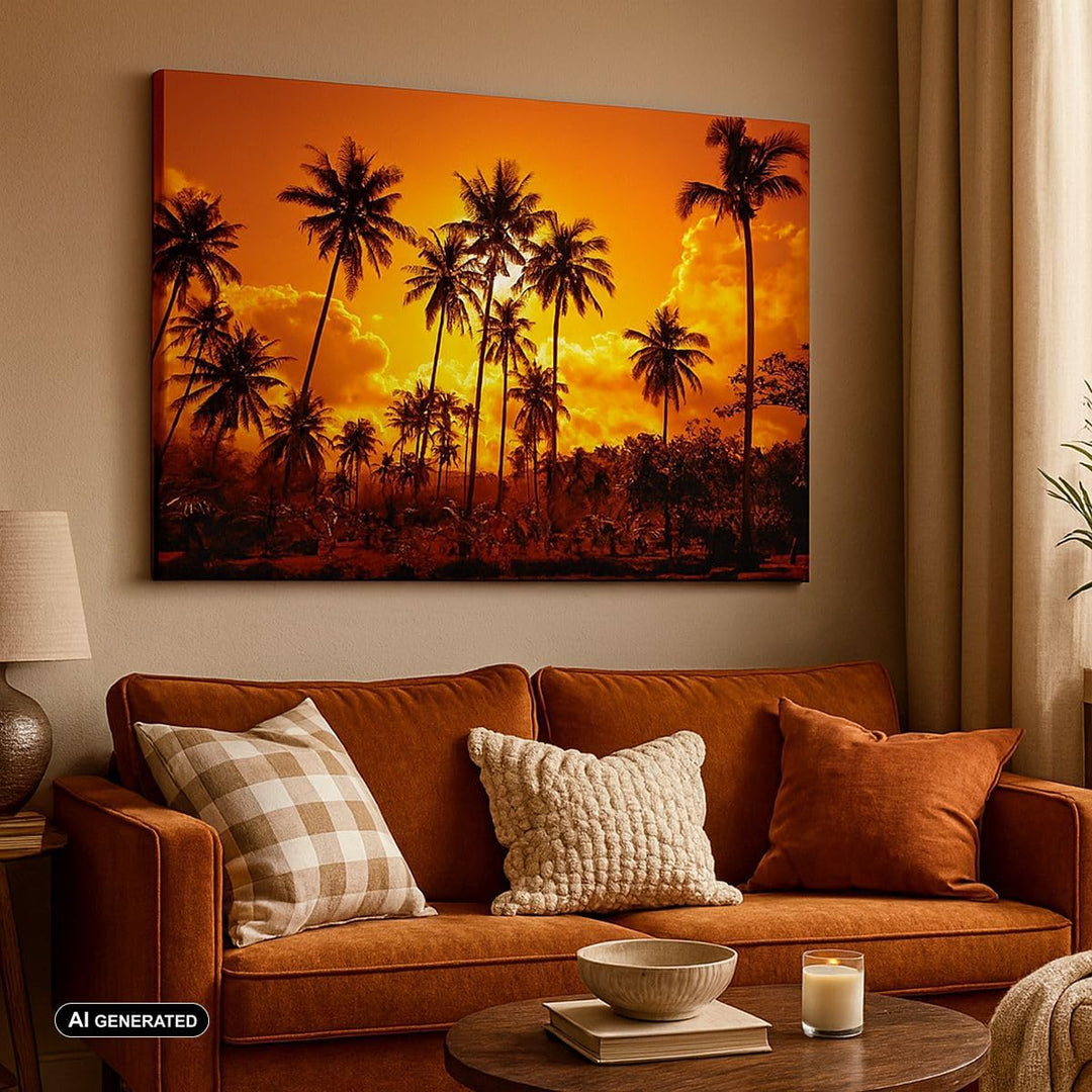 Bilder auf Leinwand 100x70cm Leinwandbild mit Rahmen Palmen Bäume Sonne Gross Wanddeko Bild Schlafzi