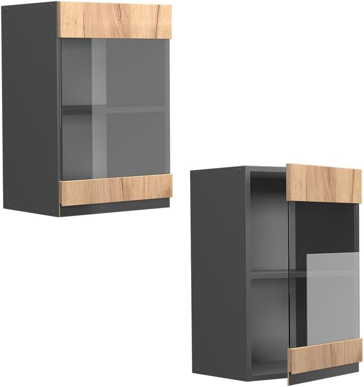 Vicco Küchenschrank Glas R-Line, Goldkraft Eiche/Anthrazit, 40 cm J-Shape Goldkraft Eiche Hängeglass