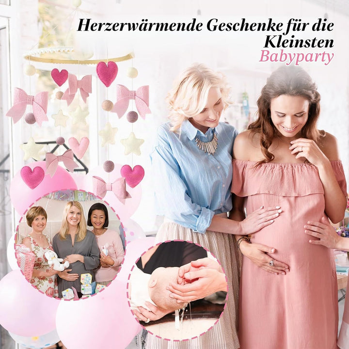 Mobile mit Rosa Schleife Beige Sterne und Monden Handgefertigte Hölz Hängende Mobile Windspiel für B
