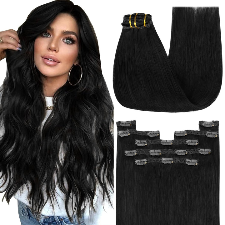 YoungSee Clip in Extensions Schwarz Clip in Extensions Echthaar Lang Echthaar Extensions Clip Schwar