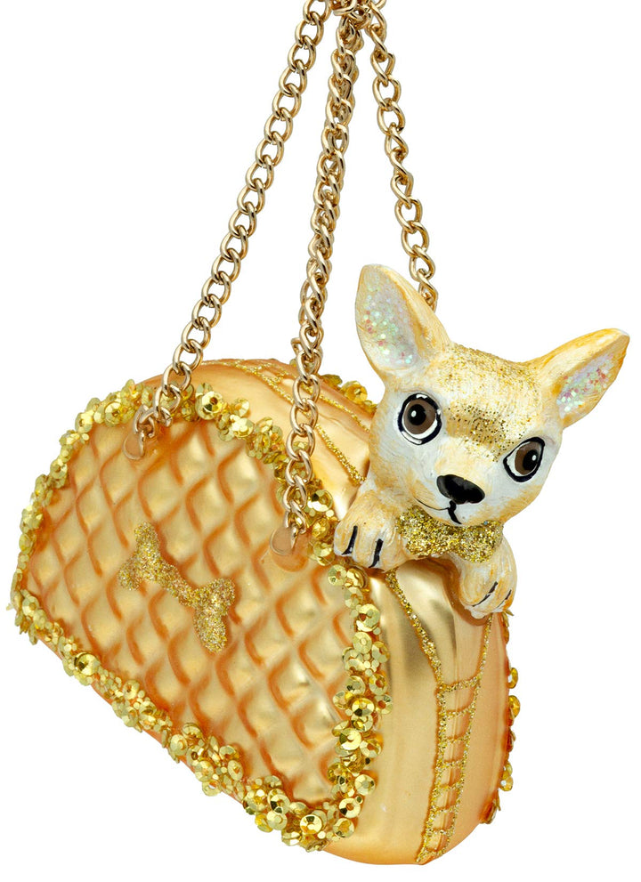 SIKORA Chihuahua in der Handtasche besondere Weihnachtskugel Glas Christbaumschmuck Deko Figur Weihn