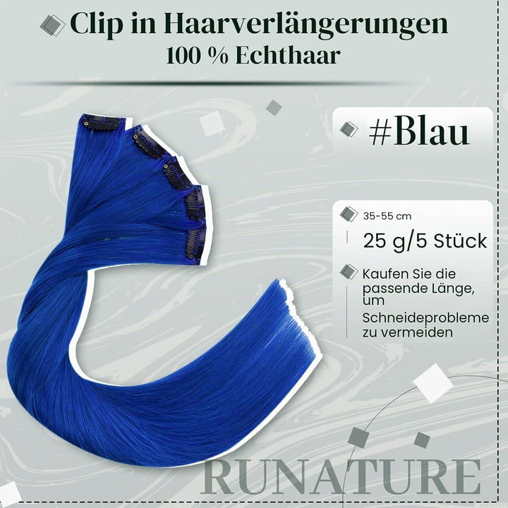 RUNATURE Clip in Extensions Echthaar 40cm Remy Clip Echthaar Extensions Glatt Haar Blau Clip in Haar