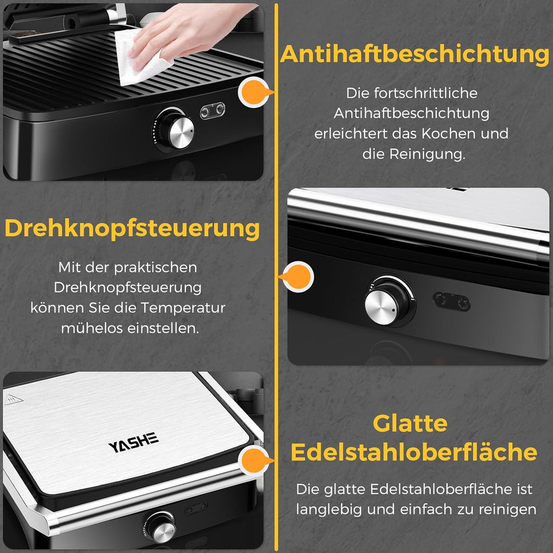 YASHE 2000W Kontaktgrill, Panini Grill mit 4 Scheiben, 180° Öffnung, Antihaftplatten, Temperatur ein