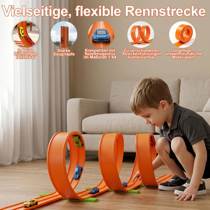 Flexible Autorennbahn Kinder, 6m Autobahn Kinder mit 6 Autos, tragbare Doppel-Rennbahn &amp; Rampe für 1