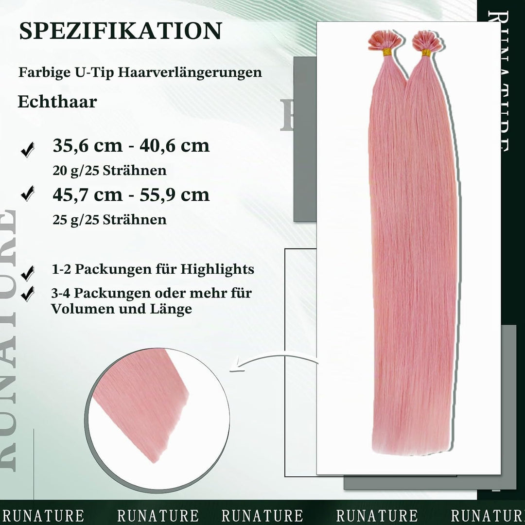 RUNATURE Bonding Echthaar Extensions Pink 45cm Remy Rosa Haarverlängerungen Keratin Echthaar U Tip E