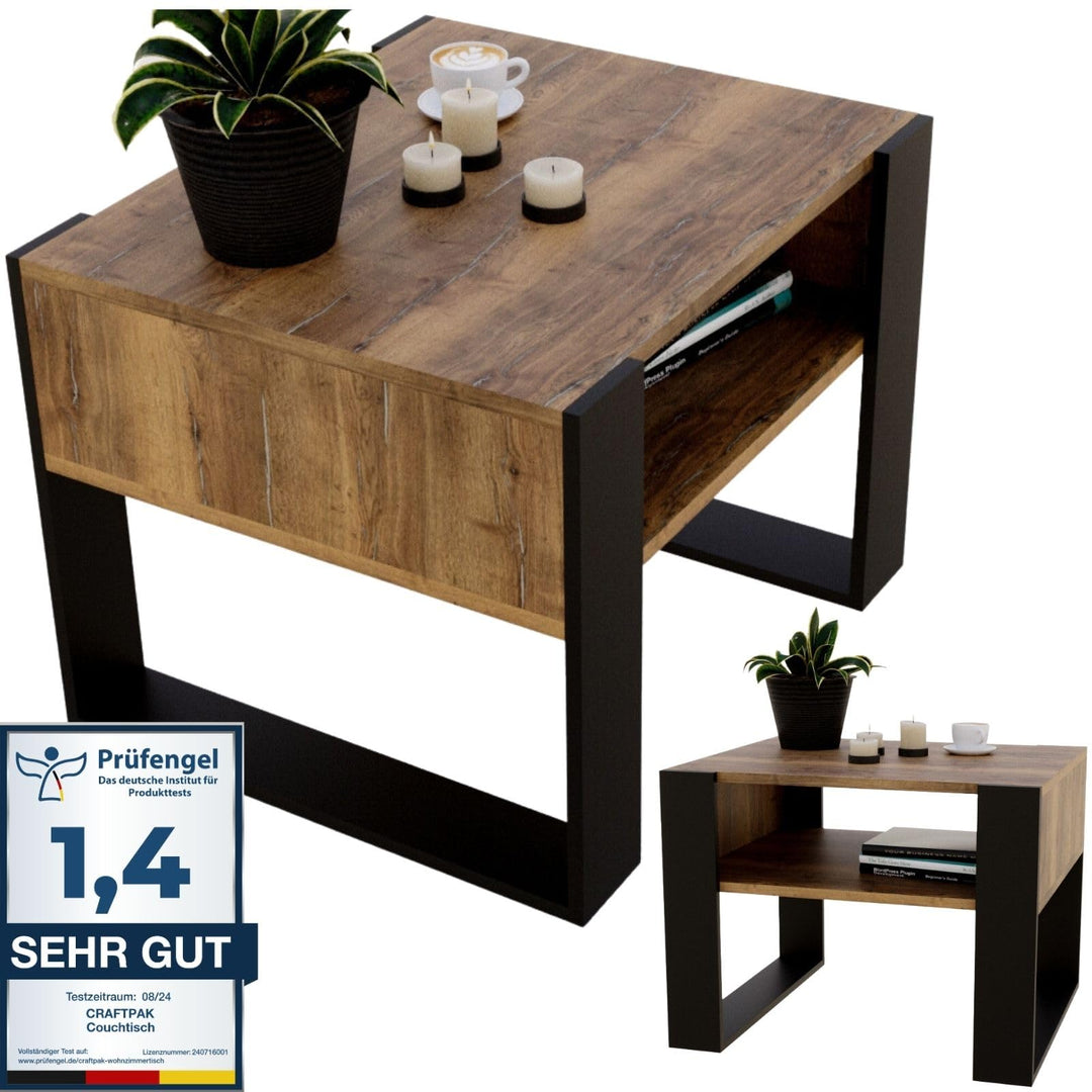 CraftPAK Wohnzimmer Tisch für Couch aus hochwertigem Holz, Stabiler & moderner Couchtisch mit zusätz