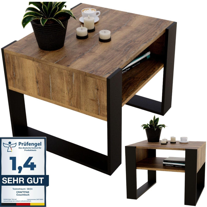 CraftPAK Wohnzimmer Tisch für Couch aus hochwertigem Holz, Stabiler & moderner Couchtisch mit zusätz