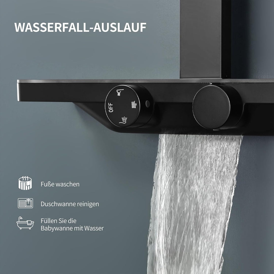HOMELODY Duschsystem mit Thermostat und Glasablage Schwarz - Duscharmatur Komplettset mit 30x20 cm R