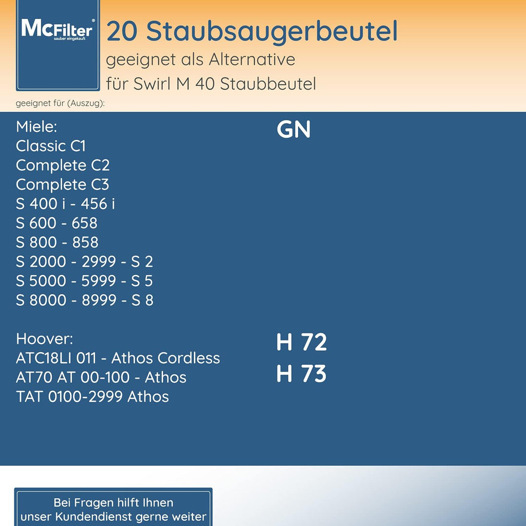 McFilter | 20 Staubsaugerbeutel Alternative für Beutel Swirl M40 / M49, Staubbeutel inkl. Mikrofilte
