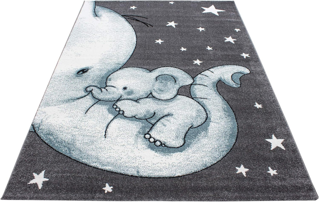 Kinderteppich für Jungen und Mädchen Elefant Muster 120 cm Rund Blau - Kurzflor Waschbarer Teppich E
