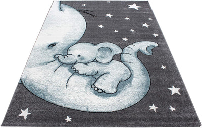 Kinderteppich für Jungen und Mädchen Elefant Muster 120 cm Rund Blau - Kurzflor Waschbarer Teppich E