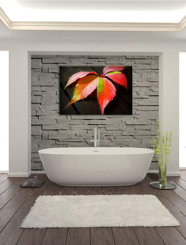 Pixxprint schönes Laubblatt auf Holz auf Leinwand, XXL riesige Bilder fertig gerahmt mit Keilrahmen,