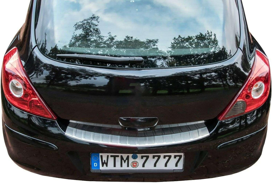 RECAMBO Ladekantenschutz Edelstahl kompatibel für OPEL Corsa D | 2006-2014 - matt gebürstet mit Text