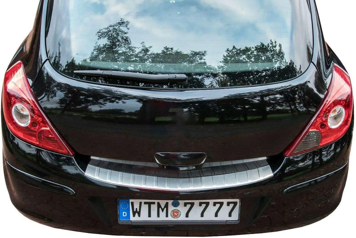 RECAMBO Ladekantenschutz Edelstahl kompatibel für OPEL Corsa D | 2006-2014 - matt gebürstet mit Text