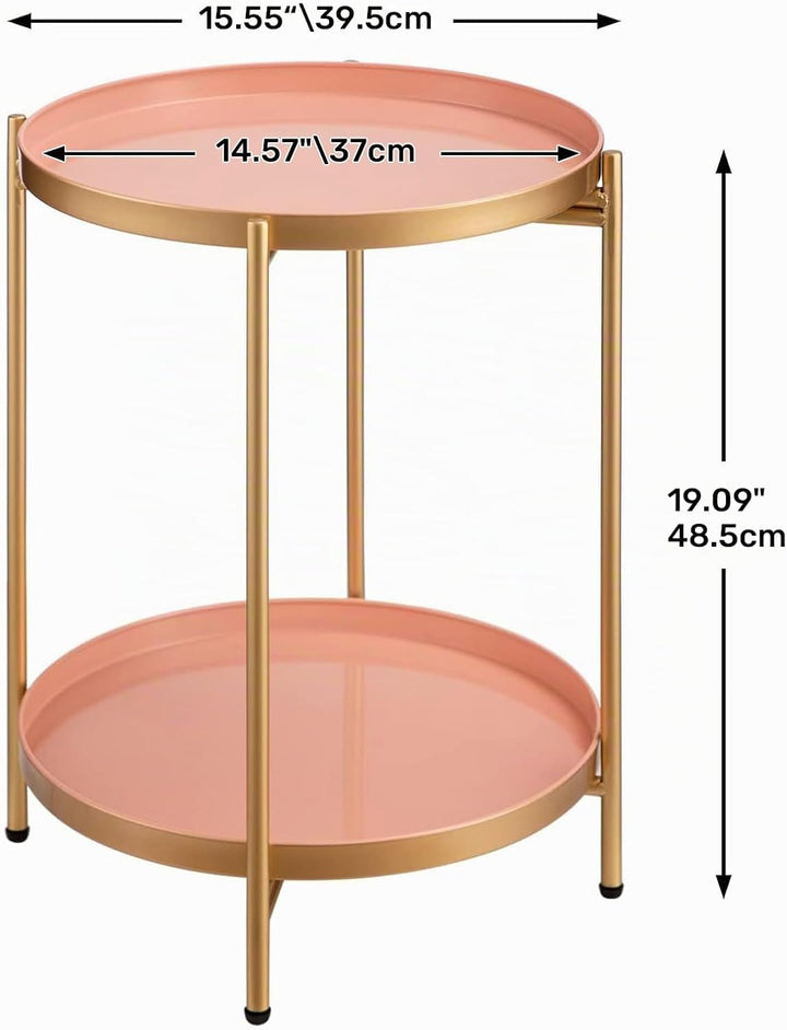 HollyHOME Runder Beistelltisch, 2 Ebenen Beistelltisch Metalltablett, Snacktisch, Couchtisch, Teetis