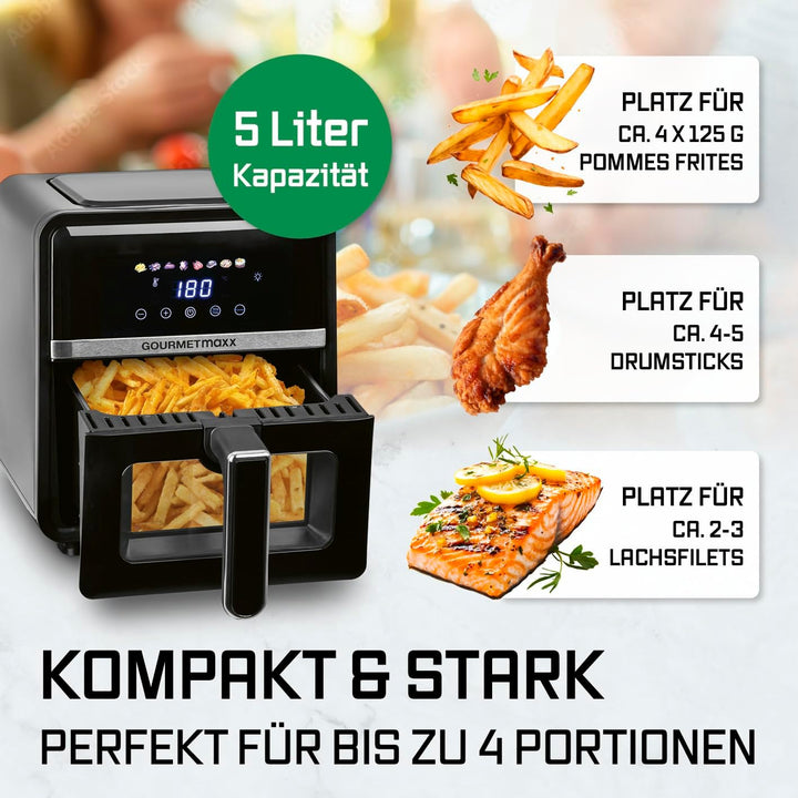 GOURMETmaxx Heissluftfritteuse - 5 L Airfryer | Fritteuse mit 6 Funktionen, 8 Programmen | Minibacko
