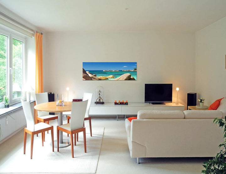 Paul Sinus Art Panoramabild auf Leinwand und Keilrahmen 150x50cm Seychellen Meer Steine Strand Himme