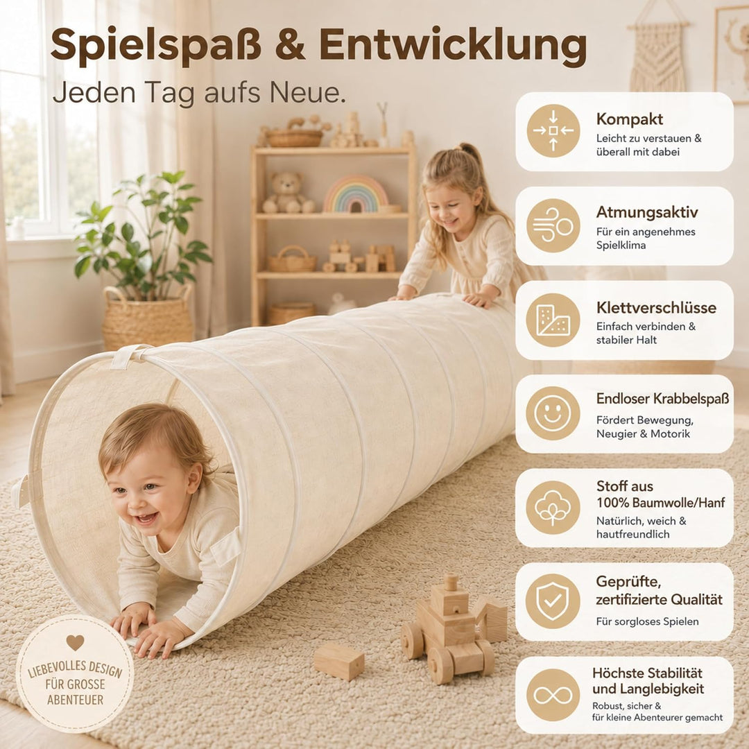 LIONHERZ® Spieltunnel für Kinder aus Baumwolle/Hanf mit Klettverschlüssen [180cm x 46cm] Krabbeltunn