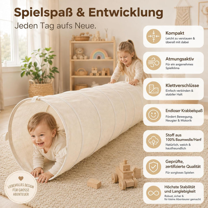 LIONHERZ® Spieltunnel für Kinder aus Baumwolle/Hanf mit Klettverschlüssen [180cm x 46cm] Krabbeltunn